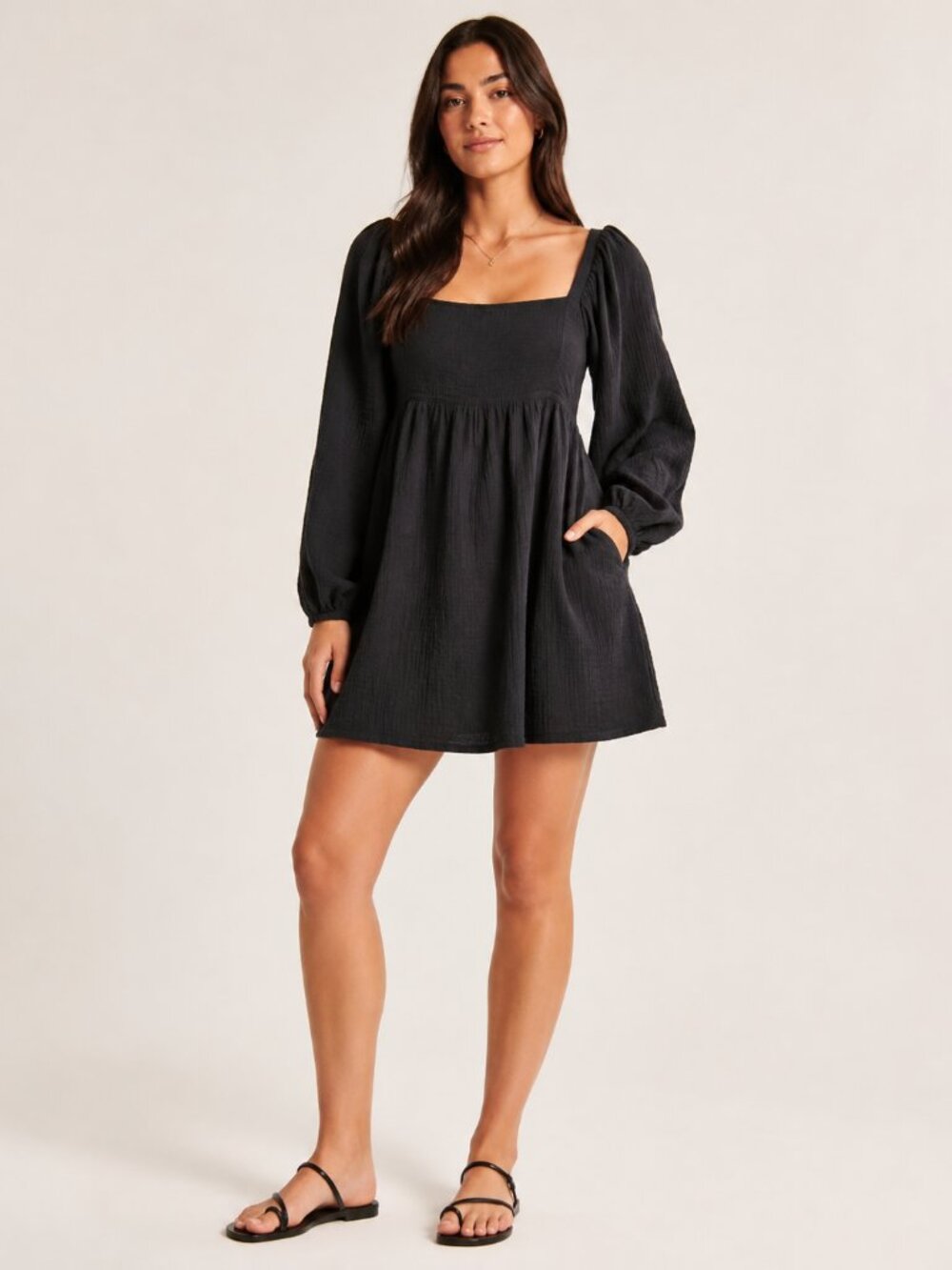J. Crew Black Muslin Square Neck Cotton Long Sleeve Dress with Smocked Back